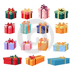 Collection of gift boxes on white background, colorful wrapped Christmas, birthday and valentines presents. Vector set