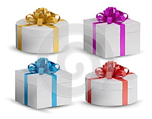 Collection Gift white box in a red, gold, blue bow on top. Realistic, closed Holiday box on white background