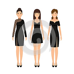 Collection girl clothing. Black little dress. Cocktail dresses on women. Clothes icon for girls on a white background