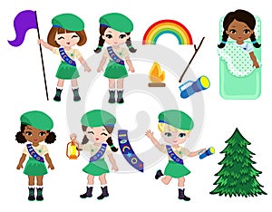 Collection of girls scouts camping outfit, summer camp activities