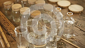 A collection of glass jars filled with varying levels of water acting as a homemade set of tuneful instruments. Each jar