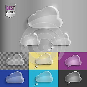 Collection of glass speech bubble cloud icons with soft shadow on gradient background . Vector illustration EPS 10 for web.