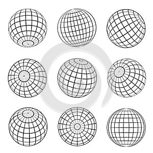 Collection of globe grid vector illustration striped 3d spheres earth latitude and longitude line