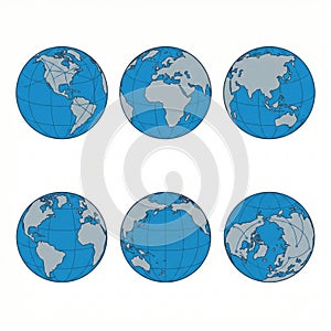 A collection of 6 globe icons showing different continents and a digital networkgrid overlay symbolizing connectivity