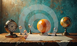 A collection of globes and a clock are displayed on a table. The clock is positioned on the left side of the table, whil