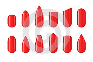 Collection glossy realistic nail different shape vector illustration. Set manicured nails design photo