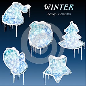 Collection of glossy winter icons with icicles