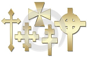 A collection of gold crosses on a white background.