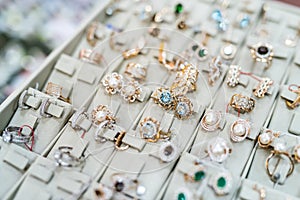 Collection of gold jewellery in shop close up