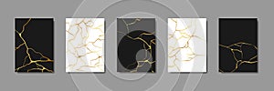 Collection of gold kintsugi cover design templates. Golden crackle texture background. Luxury broken marble stone