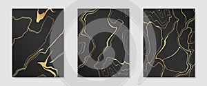 Collection of gold kintsugi on dark backdrop cover design templates. Golden crackle texture background. Luxury broken