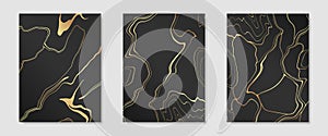 Collection of gold kintsugi on dark backdrop cover design templates. Golden crackle texture background. Luxury broken marble stone