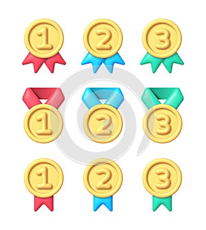 Collection with gold medal 3d. A set of medals for first, second and third place. 3d render cartoon vector illustration