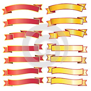 Collection of gold and red ribbons on a white background