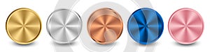 Collection of gold, silver, bronze, blue metal, and pink metal radial metallic gradient. Plates with gold, silver, bronze metallic