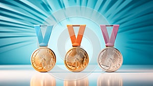 Collection gold, silver, bronze medal against bright pastel blue background