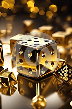 A collection of golden dice and reflecting light on a dark background. A symbol of luck, wealth, and luxury