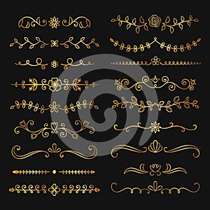 Collection of golden flourish text dividers. Doodle gold botanical borders for typography design, invitations, greeting cards.