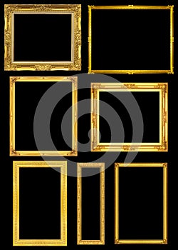 Collection golden frame isolated on black background, clipping path