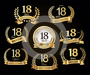 Collection of golden laurel wreaths anniversary badges vector illustration