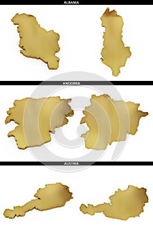 A collection of golden shapes from the European states Albania, Andorra, Austria