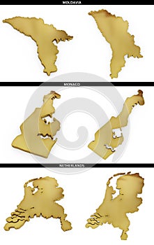 A collection of golden shapes from the European states Moldavia, Monaco, Netherlands