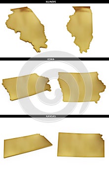 A collection of golden shapes from the US American states Illinois, Iowa, Kansas
