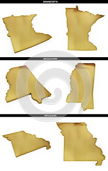 A collection of golden shapes from the US American states Minnesota, Mississippi, Missouri