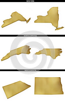 A collection of golden shapes from the US American states New York, North Carolina, North Dakota