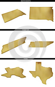 A collection of golden shapes from the US American states South Dakota, Tennessee, Texas
