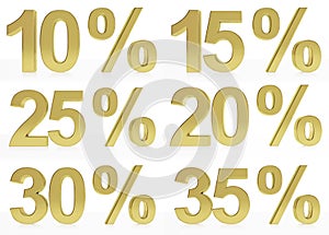 A collection of golden symbols for10, 15, 20, 25, 30, 35 %