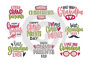 Collection of Grandparents Day lettering isolated on white background. Bundle of elegant festive inscriptions