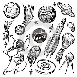 Collection of graphic cosmos. Hand-drawn clipart for art work and weddind design