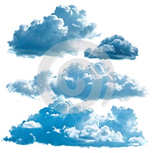 Collection of graphic elements of blue clouds isolated on white background