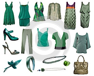 Collection of green clothes and accessories