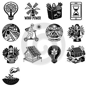 Collection of Green Energy Vector Illustrations Emphasizing Sustainable Living