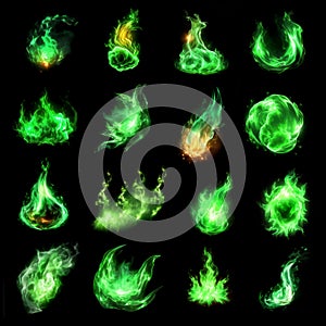 Collection of green fire spells and enchantments, isolated on black background. Generative Ai illustration