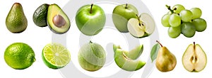 Collection of green fruits, honeydew, melon, pear, apple, grape, avocado, lime on transparent cutout, PNG