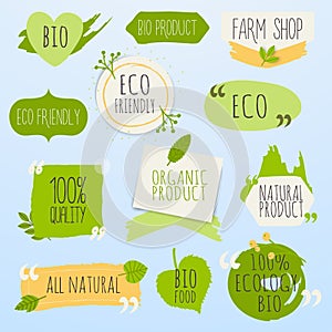 Collection of green labels and badges for organic, natural, bio