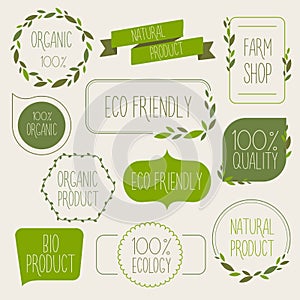 Collection of green labels and badges for organic, natural, bio