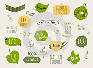 Collection of green labels and badges for organic, natural, bio and eco friendly products. Vintage vector,green colors