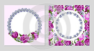 Collection of greeting cards with cute floral frame for your design. Botanical banners set with pink peony flowers. Can
