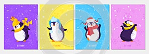 Collection of greeting cards with cute penguins in different poses and winter hats. Let is party. Let is shine. Let is win. Let is