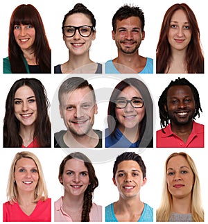 Collection group portraits of multiracial young smiling people f