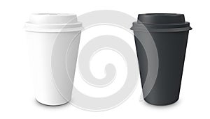 Collection, group, set, take-out coffee with cup holder. Isolated on a white background.