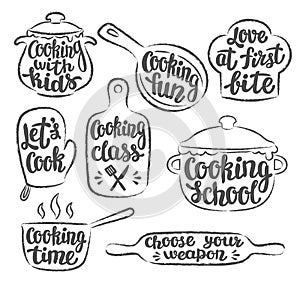 Collection of grunge contoured cooking label or logo. Hand written lettering, calligraphy cooking vector illustration.