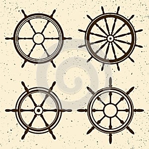 Collection of grunge vintage steering wheels. Ship, yacht retro wheel symbol. Nautical rudder icon. Marine design