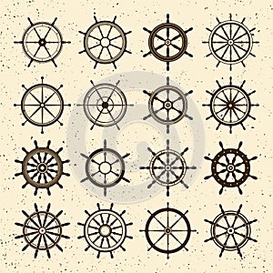 Collection of grunge vintage steering wheels. Ship, yacht retro wheel symbol. Nautical rudder icon. Marine design