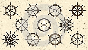 Collection of grunge vintage steering wheels. Ship, yacht retro wheel symbol. Nautical rudder icon. Marine design