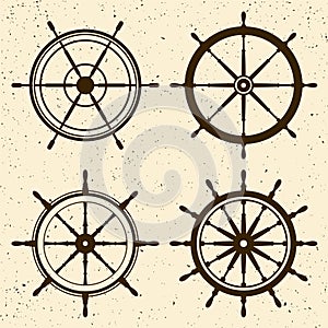Collection of grunge vintage steering wheels. Ship, yacht retro wheel symbol. Nautical rudder icon. Marine design